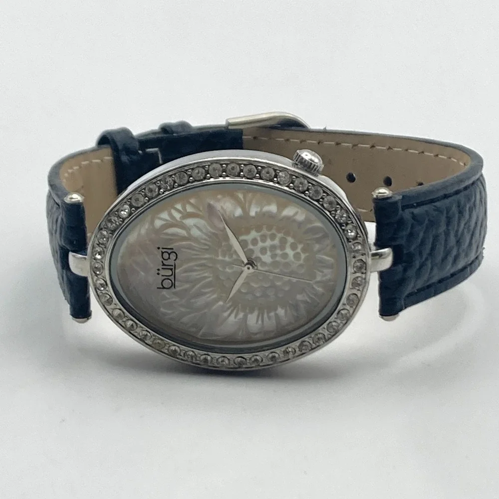 Burgi Women's Watch Silver Tone Crystals Floral Dial 33mm Oval New Battery 8.75